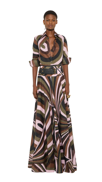 Iride Print Cotton Muslin Shirt in Khaki and Pink