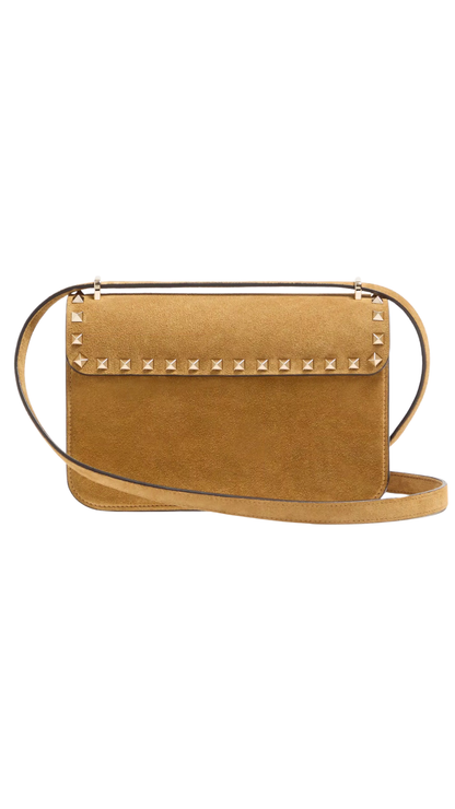 Valentino Garavani Rockstud Small Shoulder Bag In Havana Baige Suede