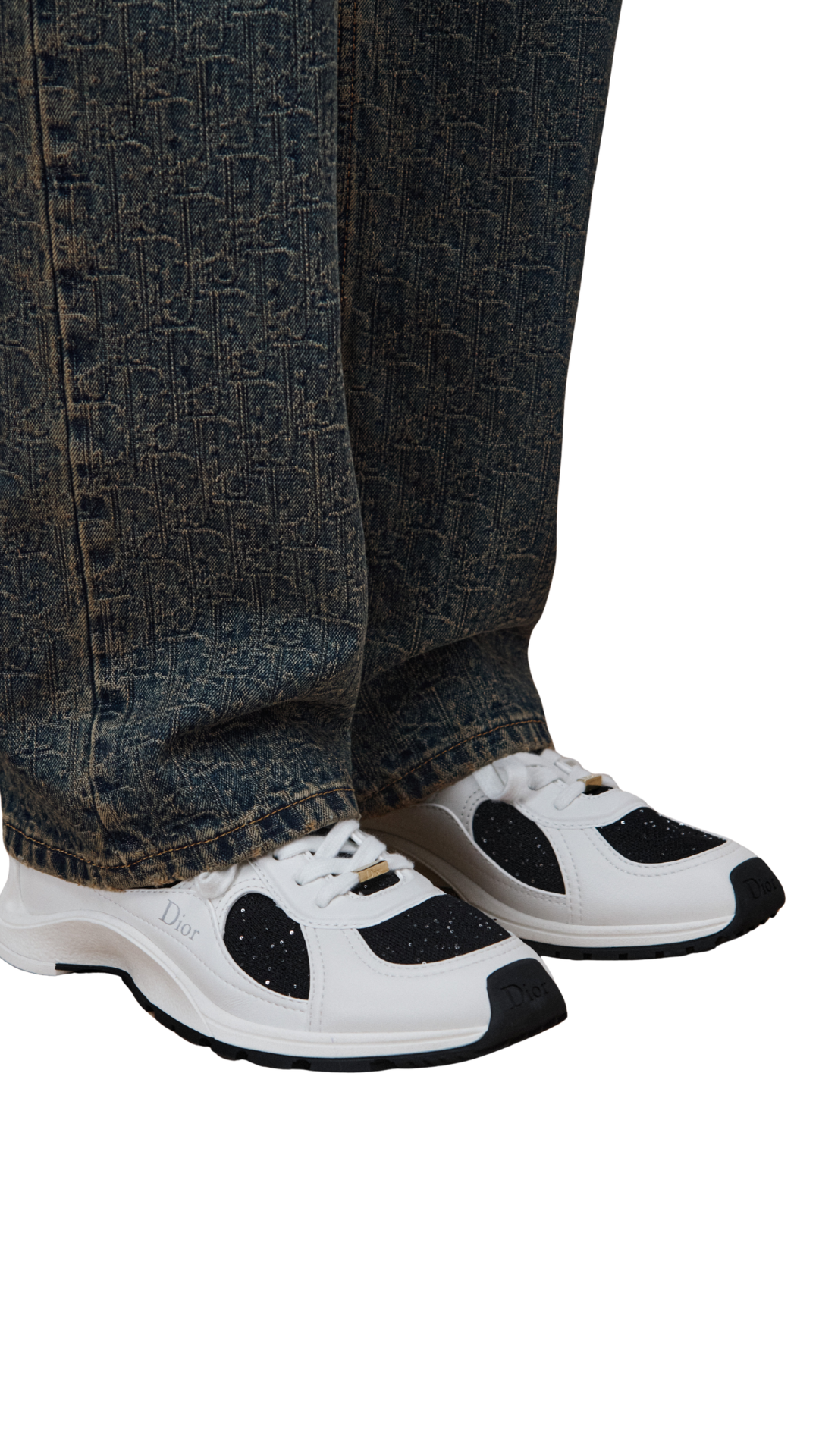 Dior Mile Sneaker in White Lambskin and Black Sequin-Embroidered Knit