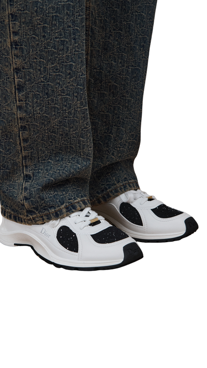 Dior Mile Sneaker in White Lambskin and Black Sequin-Embroidered Knit