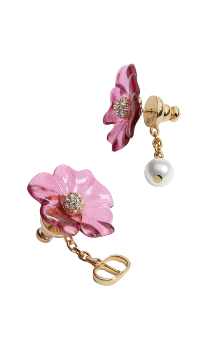Dioriviera Brush & Bloom Earrings in Gold-Finish Metal, White Resin Pearl, Pink Watercolor-Effect Resin and Crystals