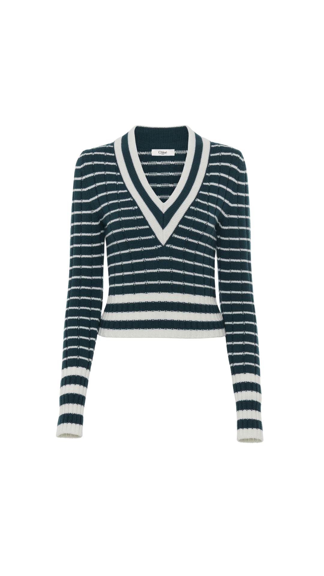 V-Neck Fitted Sweater in a Merino Wool Knit in Green