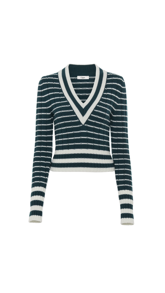 V-Neck Fitted Sweater in a Merino Wool Knit in Green