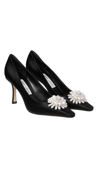 Ines Pump 85 Black Satin Pumps with Pearl and Crystal Brooch