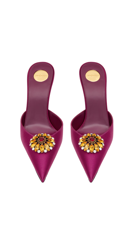 Cosmo Mules in Smashed Prune Satin Crepe and Crystals