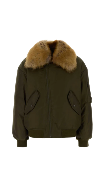Removable Shearling Neck Bomber Jacket in Green