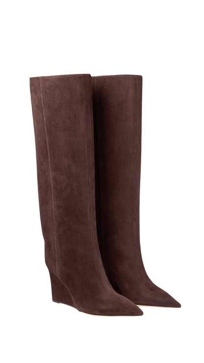 Blake Knee Boot 85 in Chocolate Suede Knee-High Boots with Wedge Heel