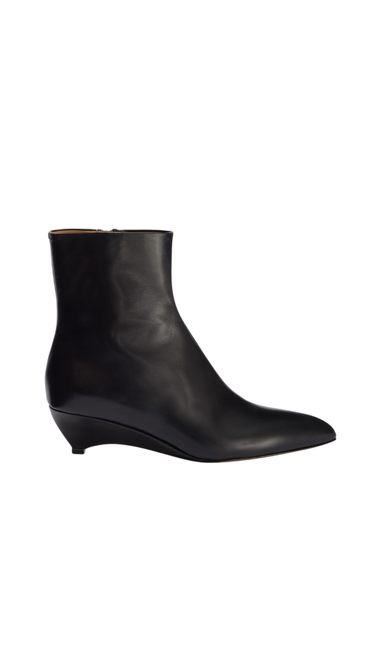 Arc Ankle Boot with Pointed Toe and Low Wedge Heel in Black