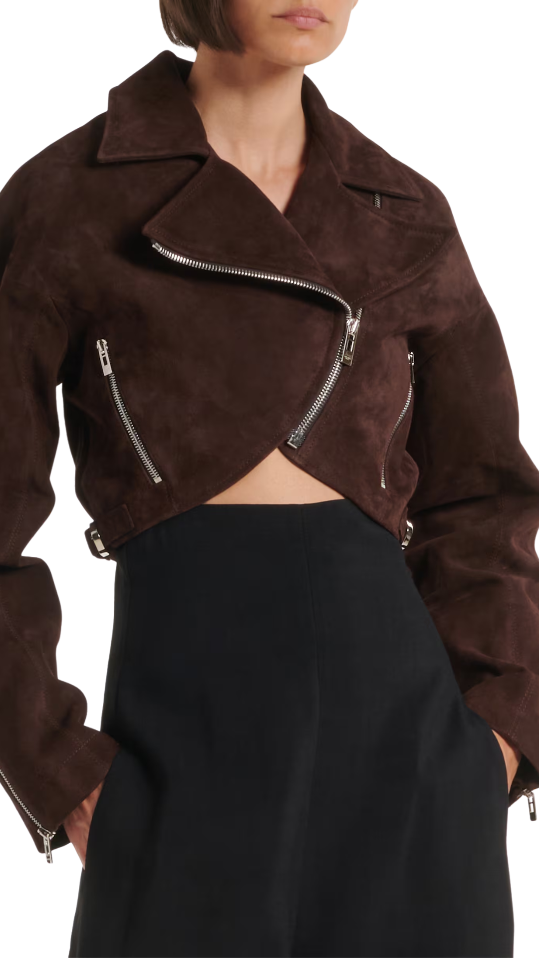 Cropped Suede Biker Jacket in Brown