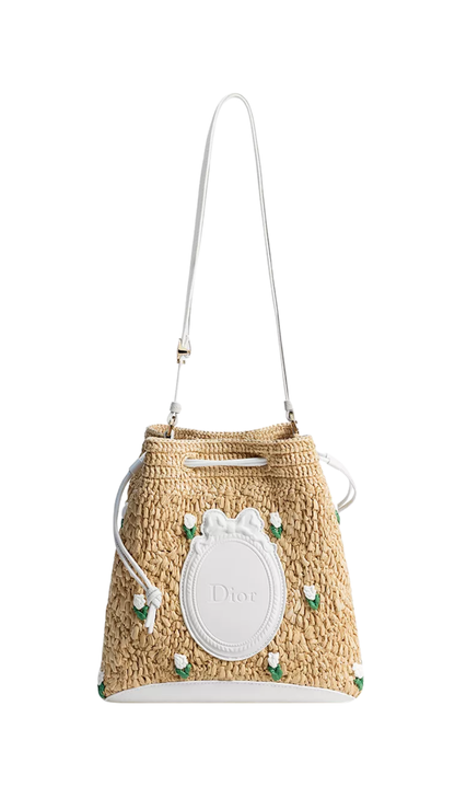 Dioriviera Dior Blooming Mini Bucket Bag Raffia Embroidered with Multicolor Flowers and White