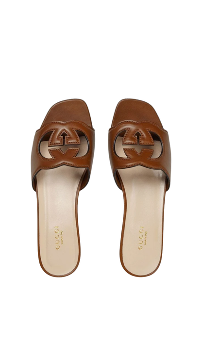 Slide Sandal with Interlocking G in Brown