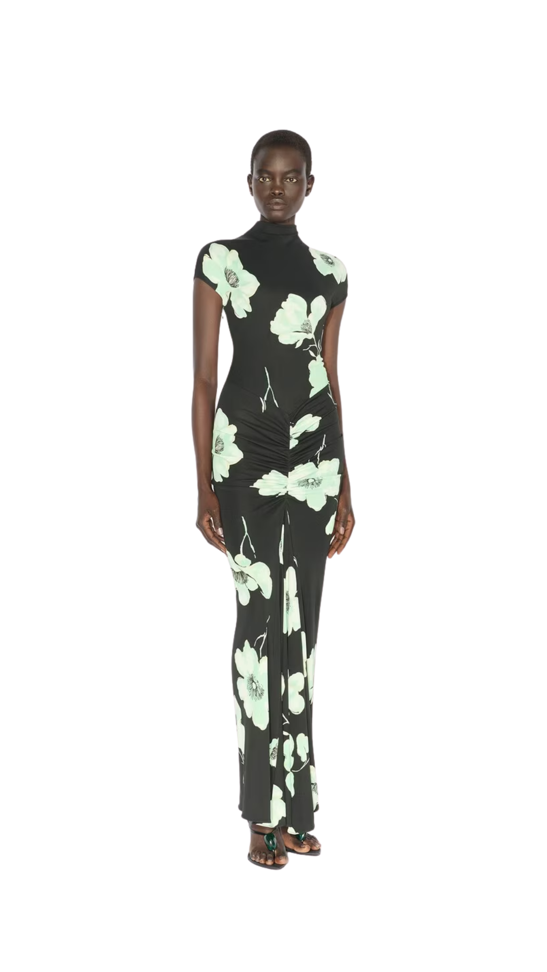 Draped Printed Dress in Green Sakura Print