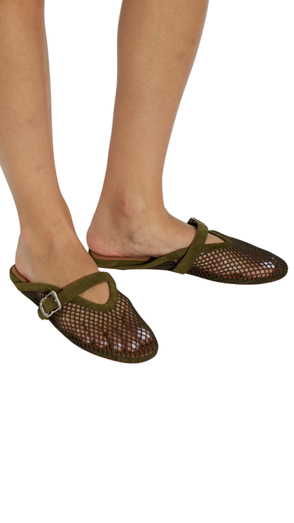 Flat Mules in Green Fishnet