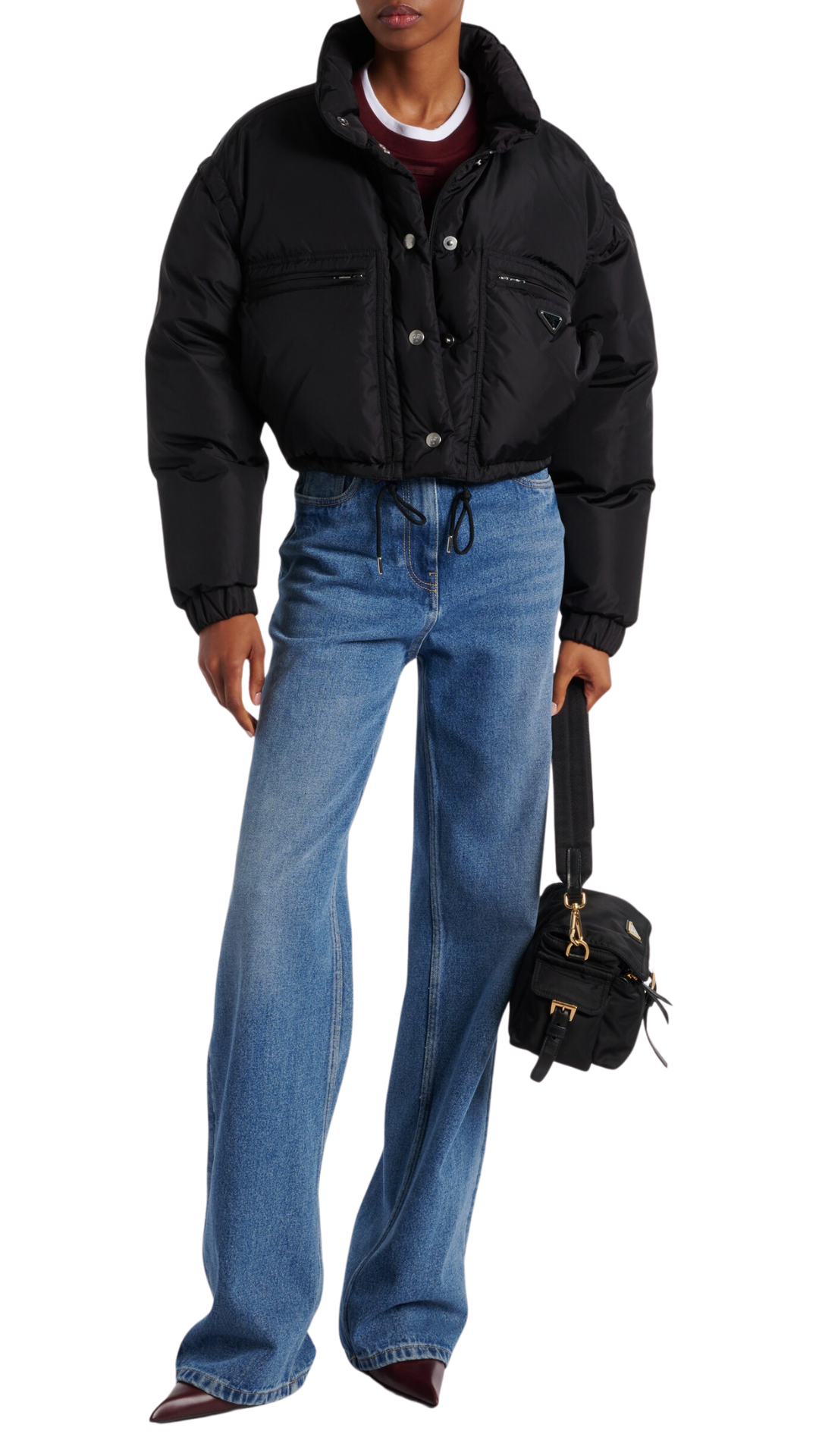 Re-Nylon Cropped Down Jacket in Black