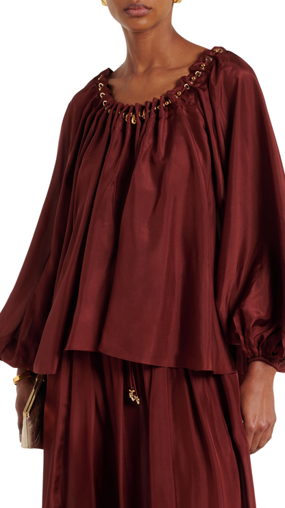 Aster Asymmetric Beaded Silk Habotai Blouse in Burgundy