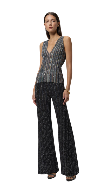 Ribbed Top with Sequins and V-Neck in Black Multicoloured