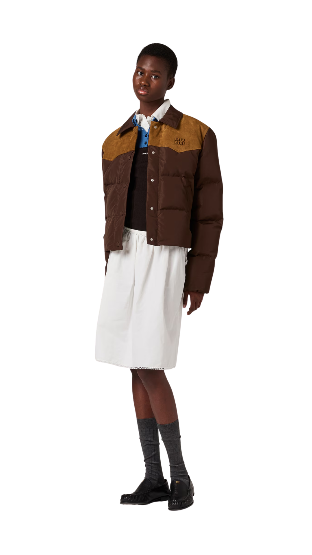 Technical Pongé and Leather Down Jacket in Coffee