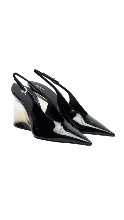 Invisible Patent Leather Wedge Pumps in Black