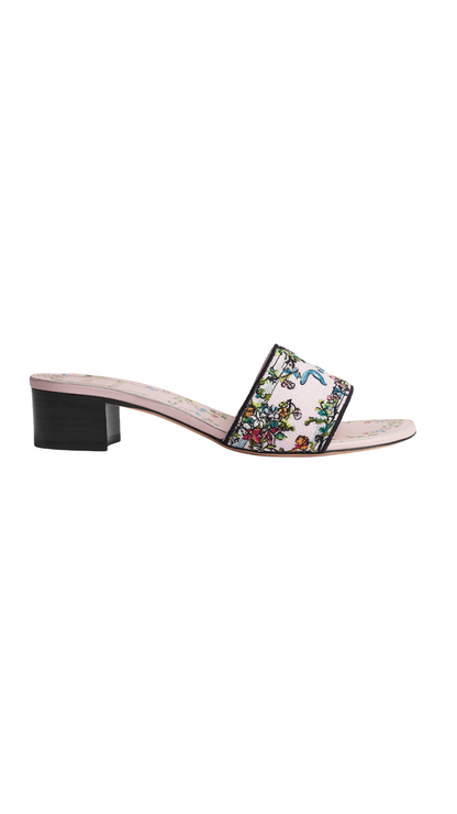 Dway Heeled Slide in Rose Tendre Cotton Embroidered with Multicolor