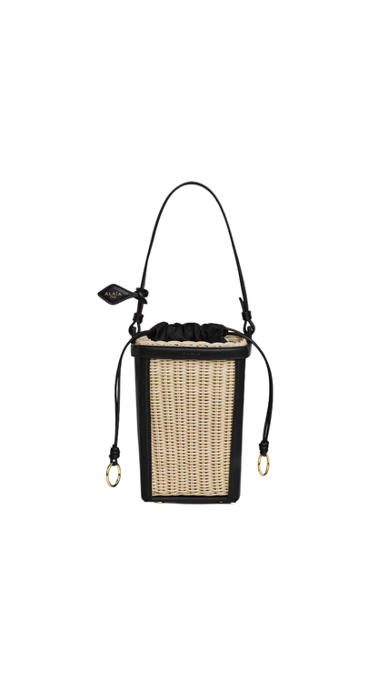 Small Wicker and Leather Bucket Bag in Black