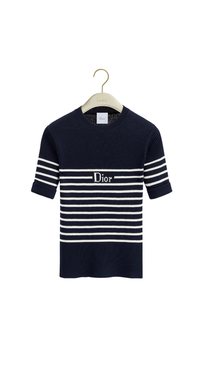 Dioriviera Short-Sleeved Fitted Sweater Navy Blue and White D-Stripes Ribbed Cotton Knit