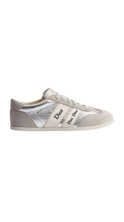 Ribbon Sneaker in Gray Suede Calfskin and Silver-Tone Crinkled Laminated Lambskin