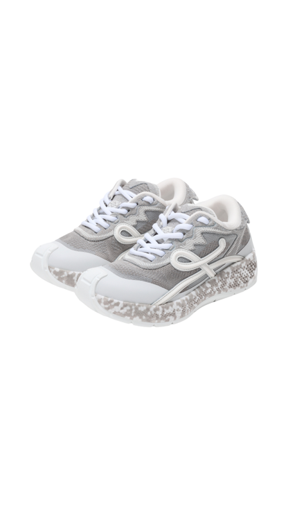 Pogo Sneaker in Technical Knit and Suede in Light Grey/White/White