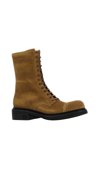 Lace-Up Suede Combat Boots in Brown