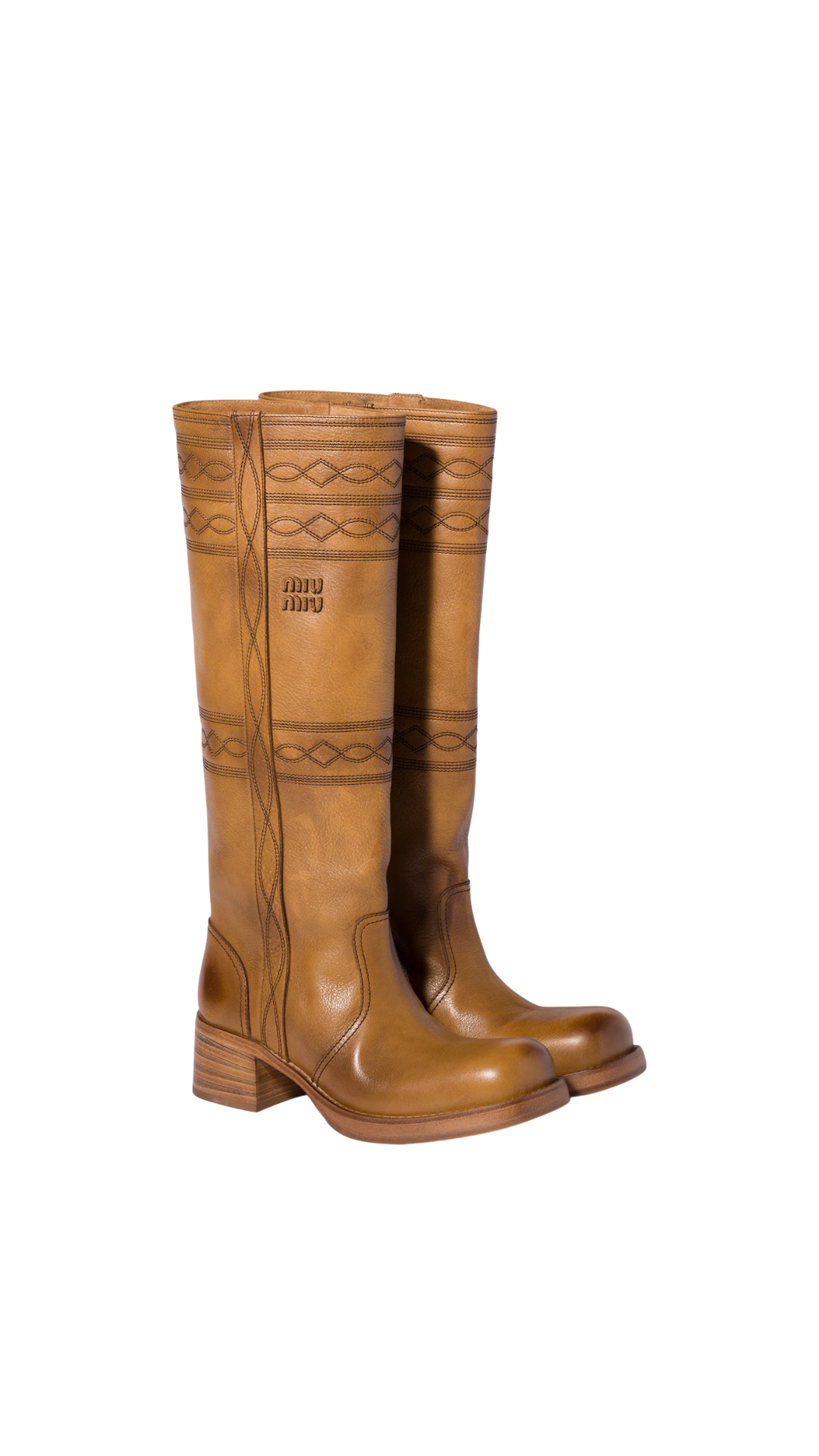 Embroidered Leather Boots in Light Tan