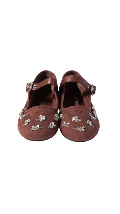 Embroidered Drill Ballerinas in Cocoa Brown