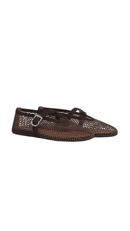 Ballet Flats in Dark Brown Fishnet and Suede