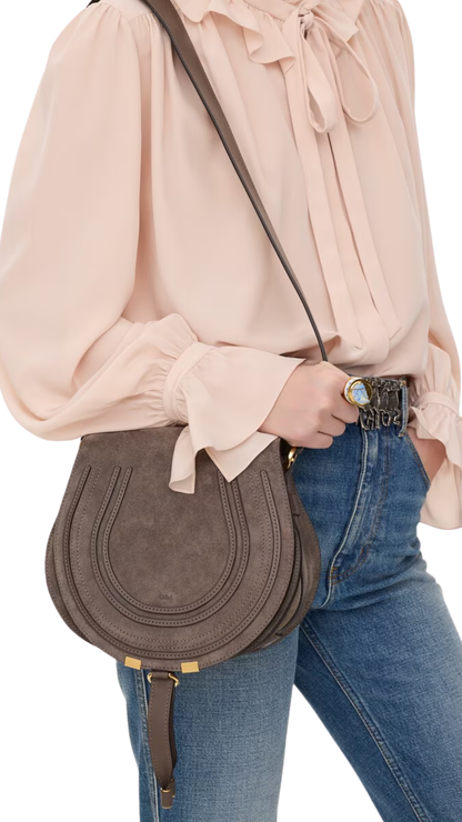 Marcie Saddle Bag in Nickel Grey Suede Leather