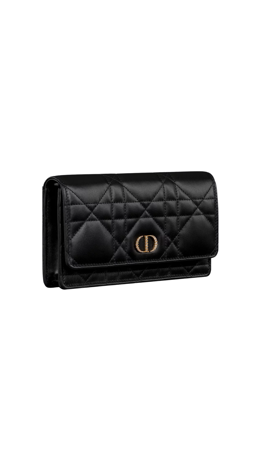 Dior Caro Pouch with Chain and Crystals in Black Macrocannage Lambskin
