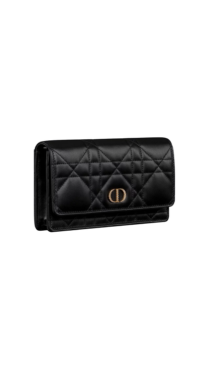 Dior Caro Pouch with Chain and Crystals in Black Macrocannage Lambskin