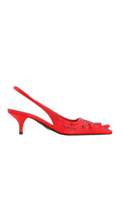 Embroidered Satin Slingback Pumps in Red