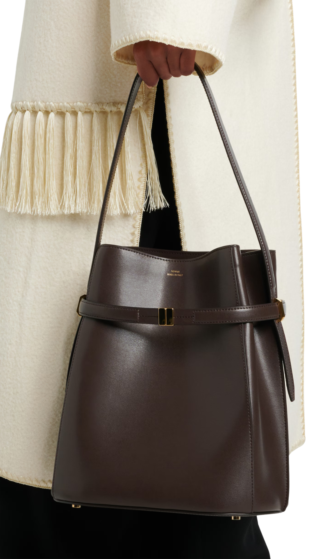 Belted Leather Bucket Bag in Brown