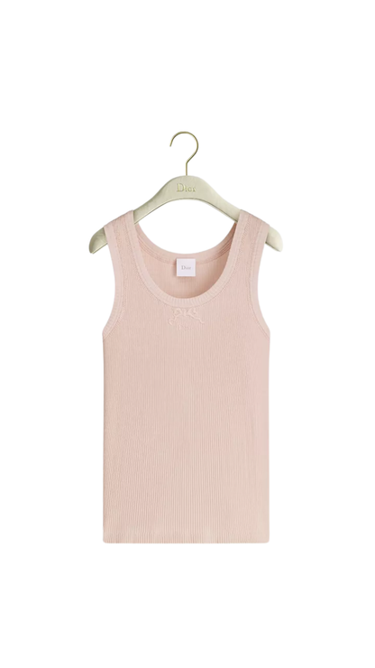 Embroidered Fitted Tank Top in Pink Ribbed Cotton Jersey