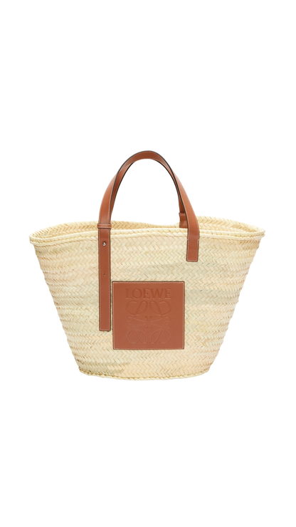 Large Classic Basket in Natural/Tan Palm Leaf and Calfskin