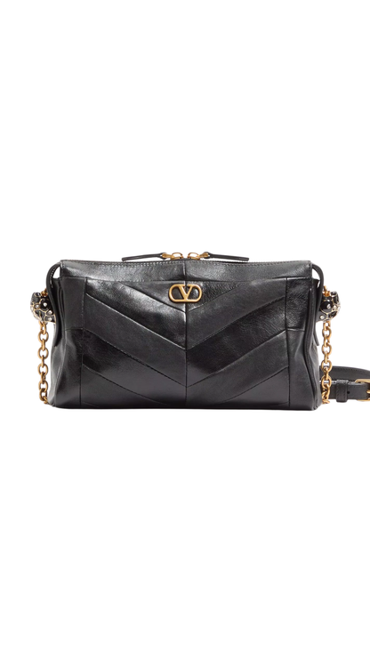 Panthea Small Shoulder Bag In Black Nappa Leather With A Chevron Pattern