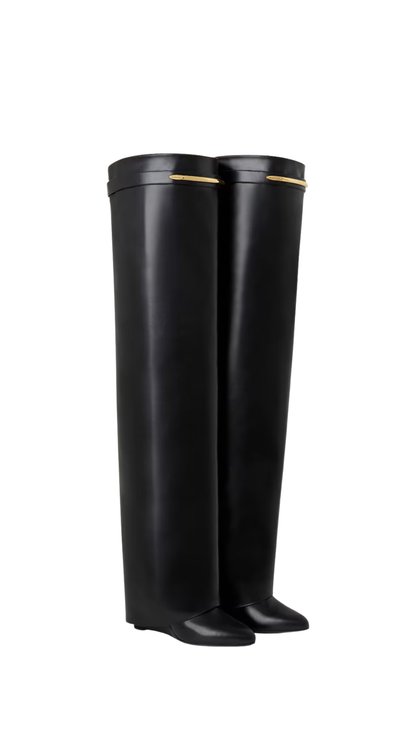 Shark Pinch Over-the-Knee Boots in Black Leather