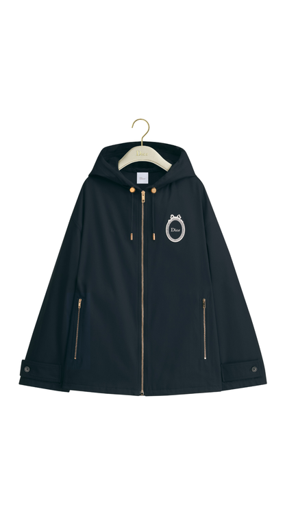 Médaillon Embroidered Anorak in Navy Blue Cotton and Silk Gabardine