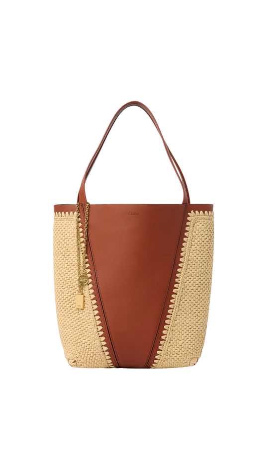 Spin Tote Bag in Raffia-Effect & Leather in Clay Brown