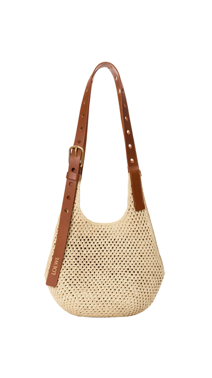 Small Punch Hole Hobo in Natural/Tan Raffia and Calfskin