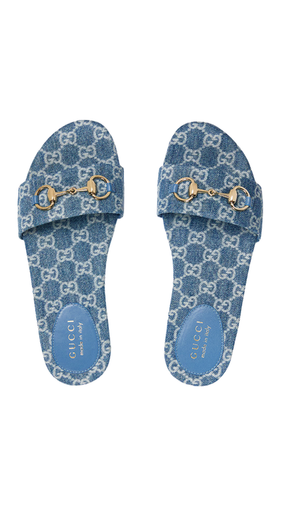 Women's Slide Sandal with Horsebit in Blue GG Denim