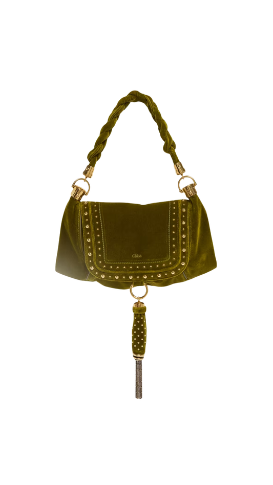 Small Marcie Foulard Hobo Bag in Green Velvet with Studs