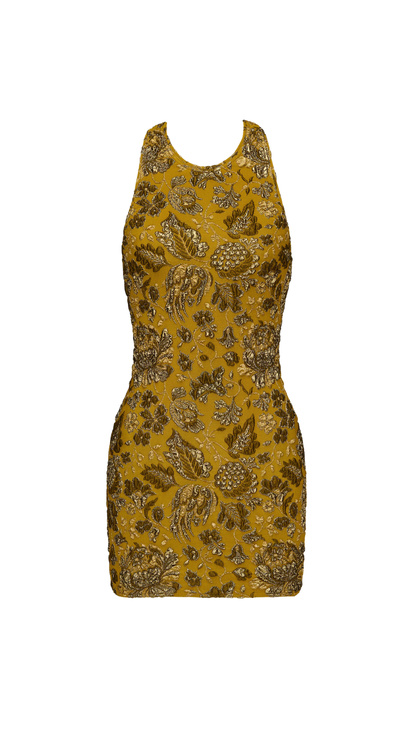 Cross-Back Mini dress in Mordore Or Stretch Brocade