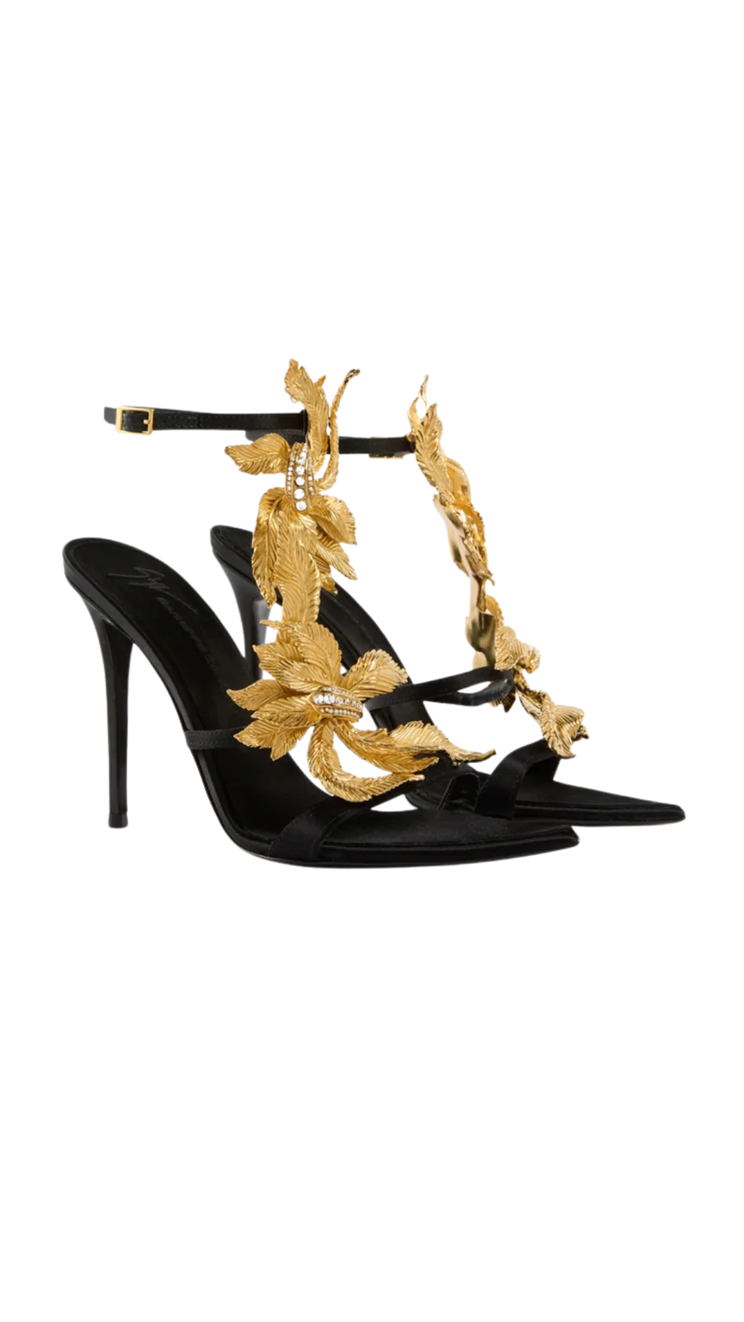 Incanto Sandal 105 Black Silk Satin Sandals with Jewel Accessory and 105mm Stiletto Heel.
