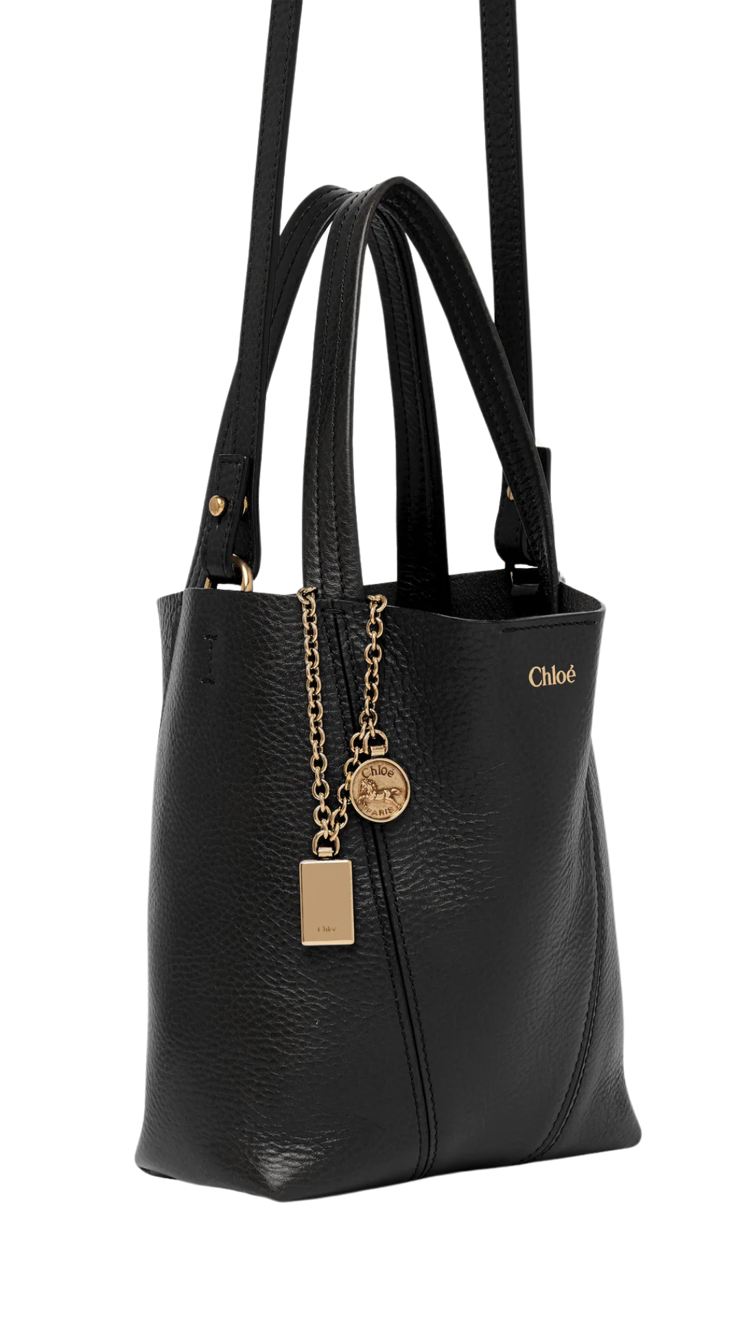 Small Chloé Spin Tote Bag in Grained Leather Black