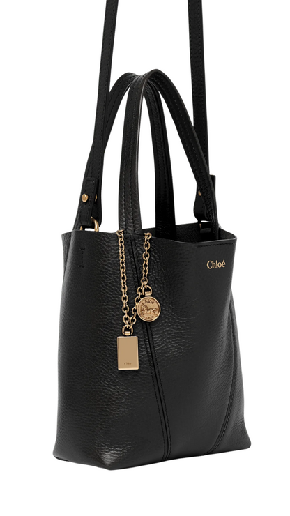 Small Chloé Spin Tote Bag in Grained Leather Black