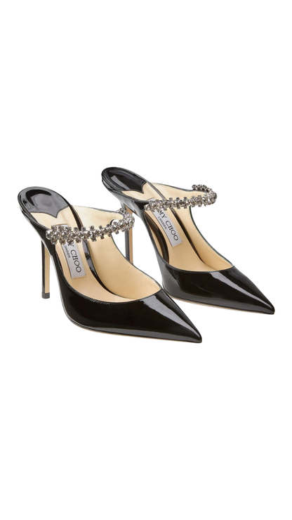 Bing 100 Black Patent Leather Mules with Crystal Strap